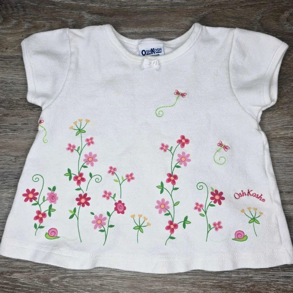 Vintage OshKosh B'gosh White Tee with Pink Floral Design 18 Mos. Made In The USA